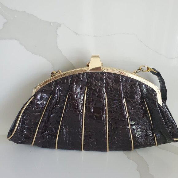 Vintage Brown Croc Evening Bag Clutch Bejewelled Clasp Optional Long Strap - Picture 5 of 12